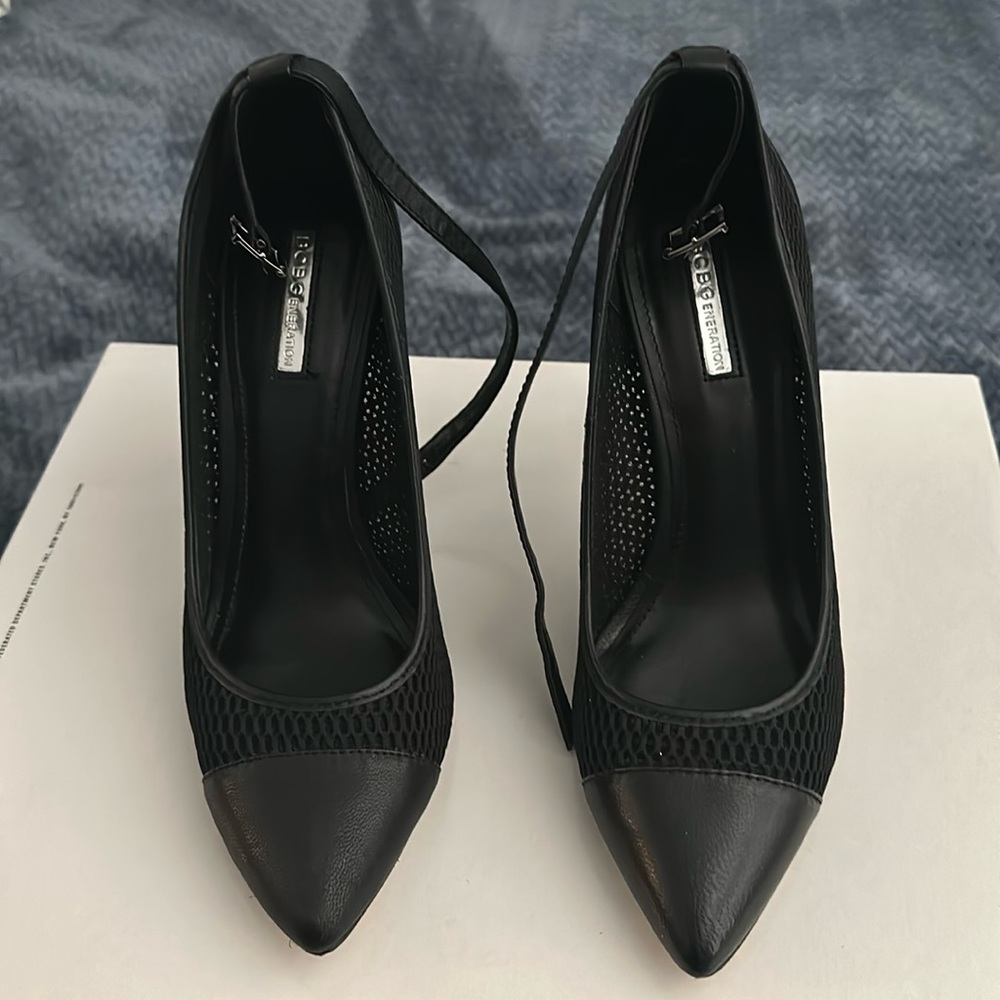 4 inch black mesh heels with ankle strap.